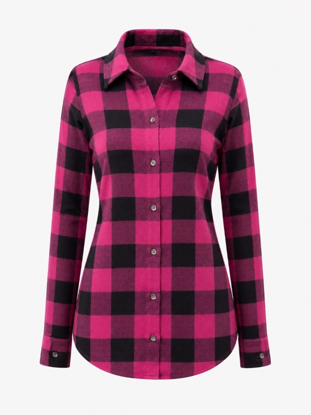 Super Soft, Belle by Kim Gravel Buffalo Plaid Tunic Top Pink Black Button Front - Picture 2 of 10